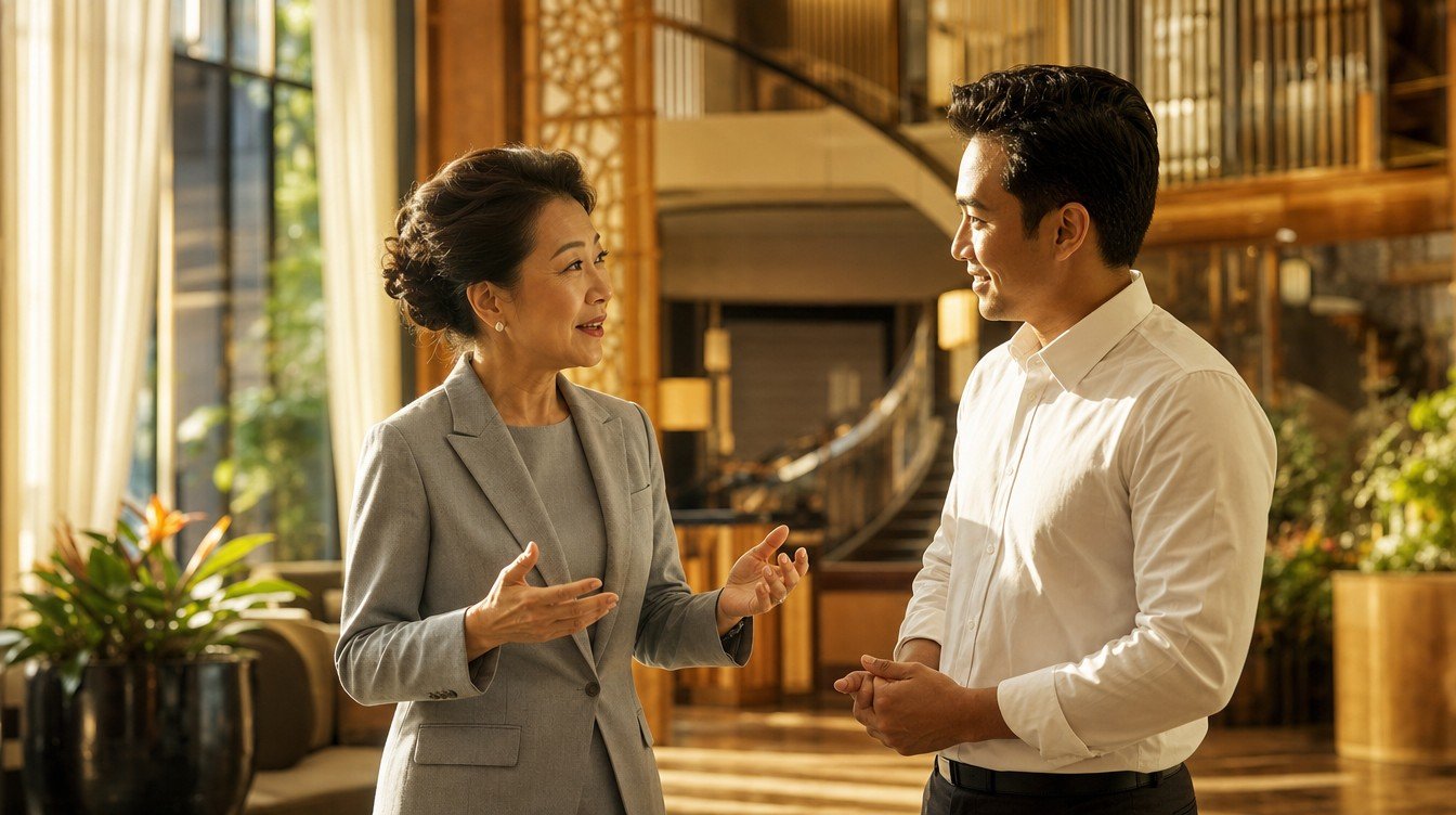 A senior hospitality executive in conversation with a younger colleague in the sunlit atrium of an Asian hotel