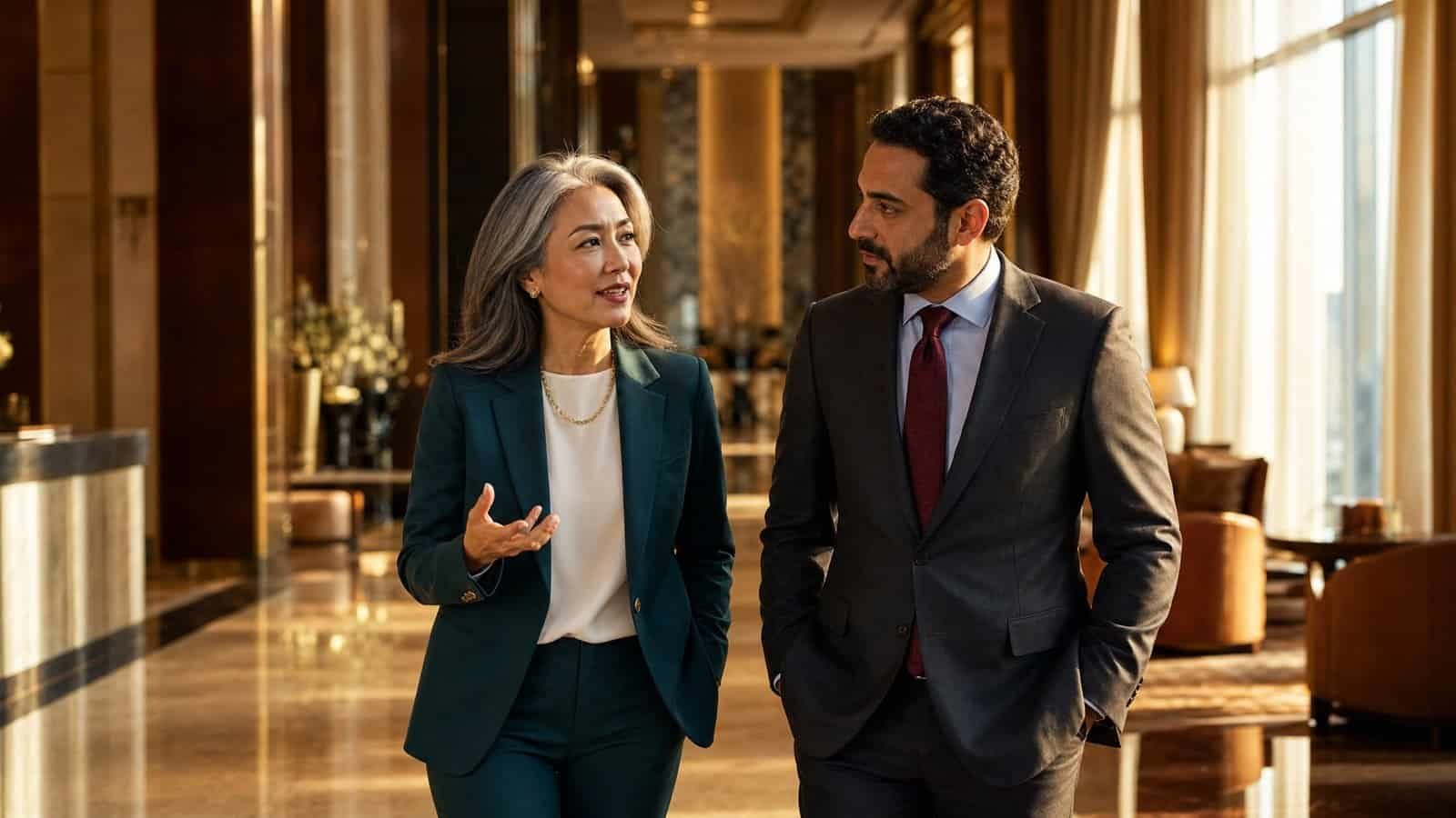 Two senior hospitality leaders in conversation while walking through a hotel lobby