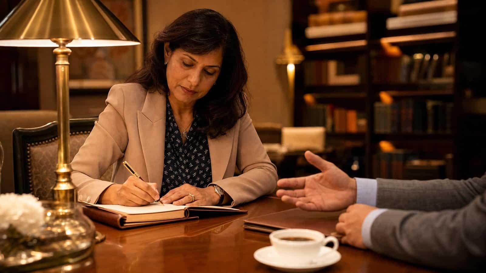 A senior hospitality executive making notes beside a colleague during a career change coaching session