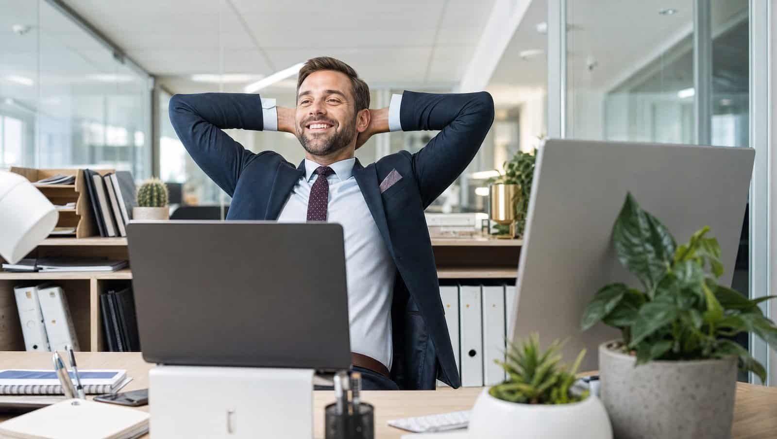A confident hospitality professional relaxing at his desk in a bright modern office