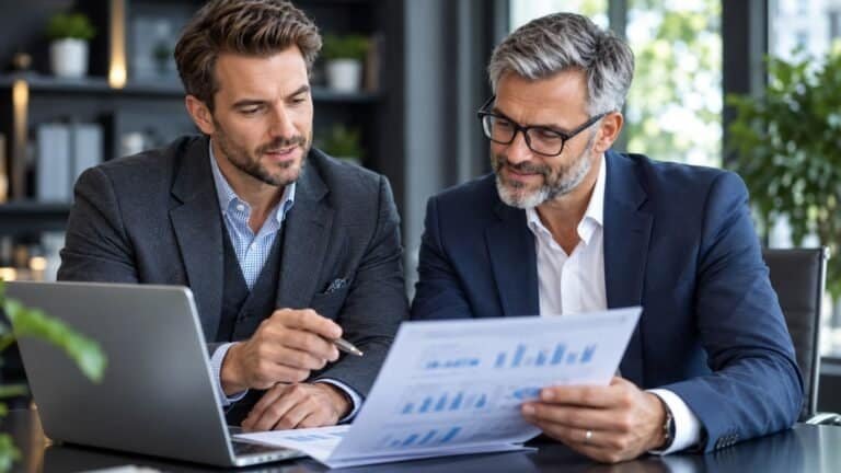 Two businessmen reviewing documents in a modern office setting.