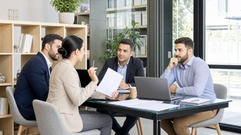 Hospitality colleagues in discussion, representing the decision between hiring a career transition coach or going it alone