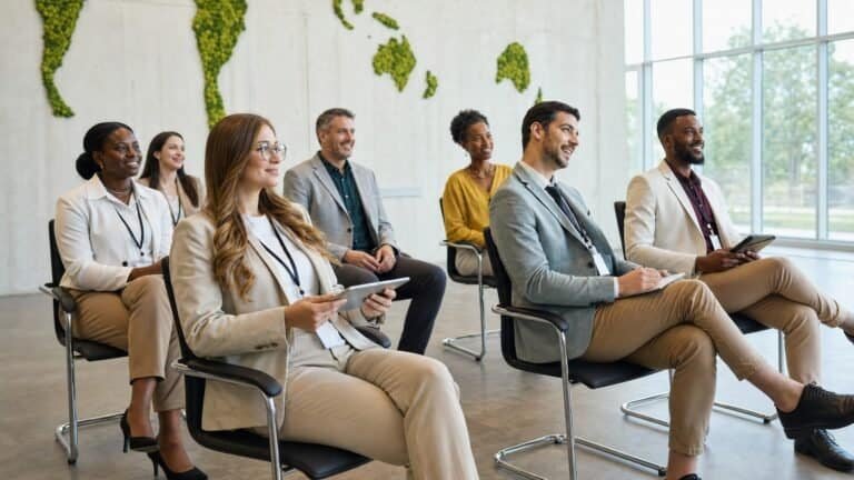 A diverse group of hospitality professionals seated in a bright room beneath a world map wall