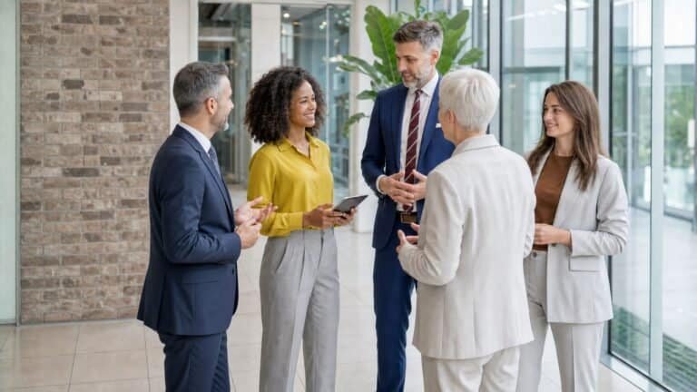 Five hospitality colleagues in discussion in a modern office, representing the different paths a career transition can take