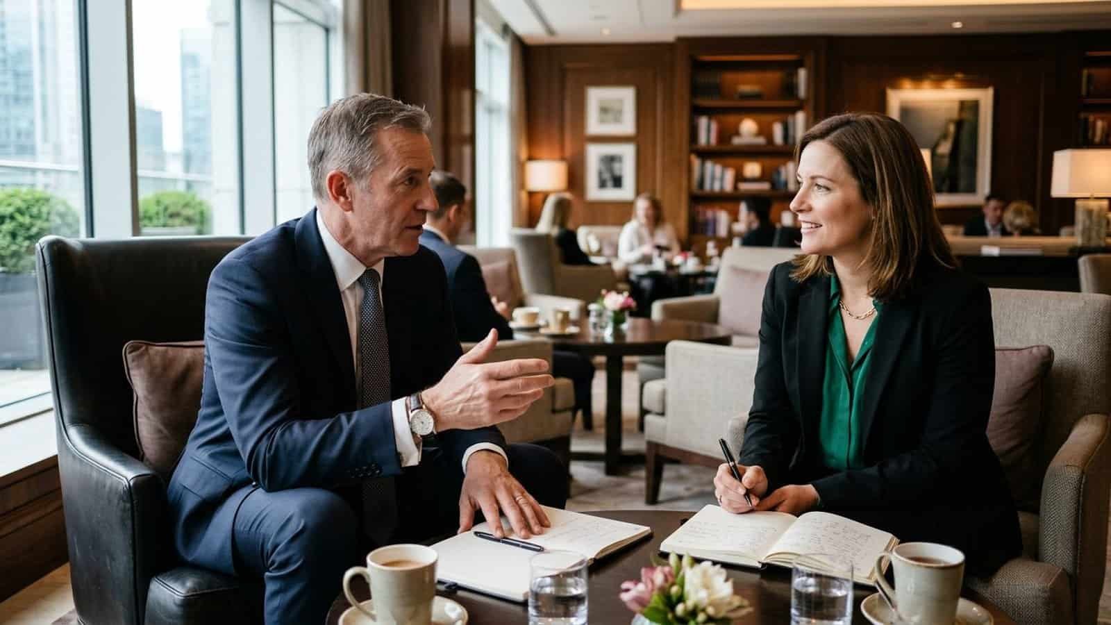 A senior man in a navy suit talks with a woman who is taking notes, both seated in armchairs in a hotel lounge, with coffee cups and flowers on the table