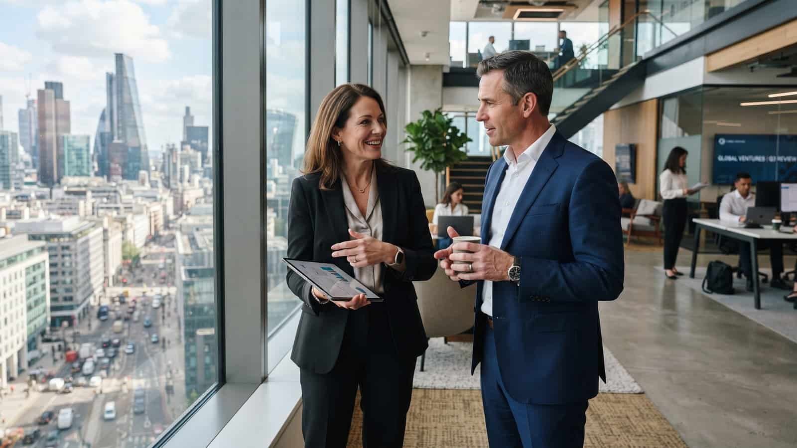 A smiling woman holding a tablet talks with a man who holds a coffee cup, standing beside a tall window with a view over the city in a bright open-plan office