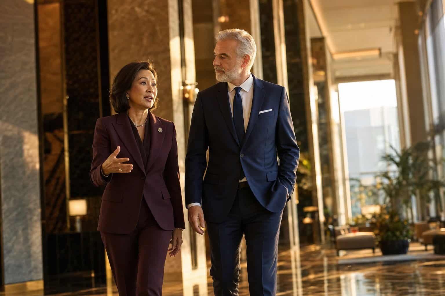Two senior hospitality executives in conversation about a leadership assessment