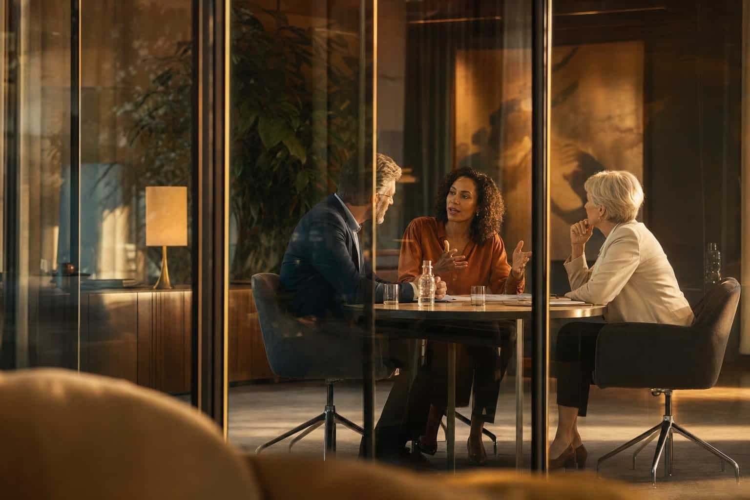 Ein Aufsichtsrat der Hotellerie in Sitzung während einer Überprüfung der C-Suite-Bewertung
