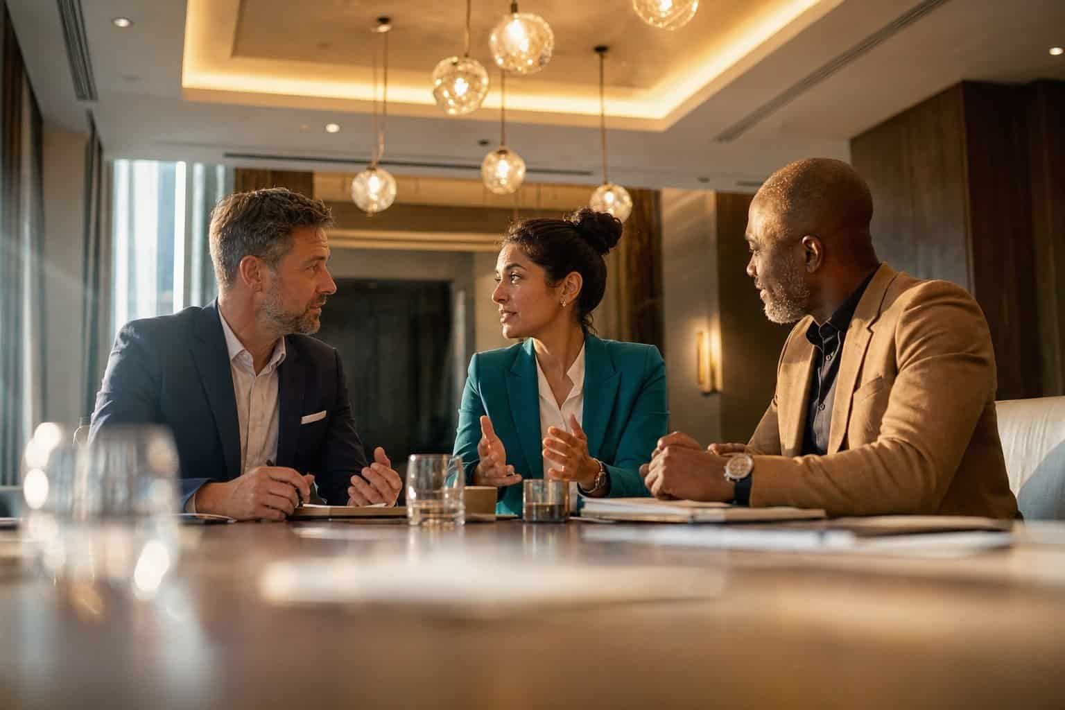 A hospitality leadership team in discussion during a management audit