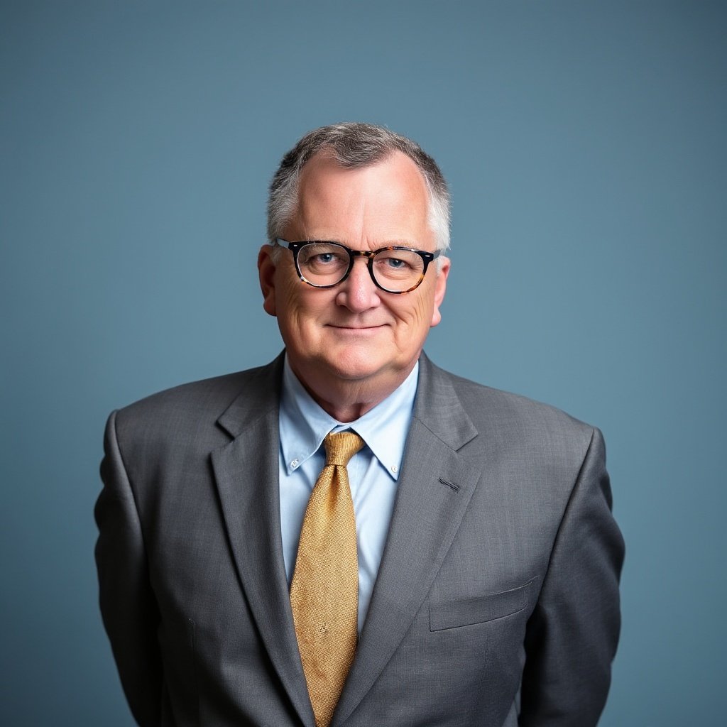 Professional portrait of a smiling man in glasses and a navy suit against a blue background.